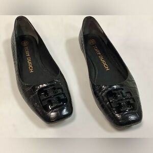 TORY BURCH Luxury Croc black Leather Georgia 25mm Medallion Logo Pumps Size 7M